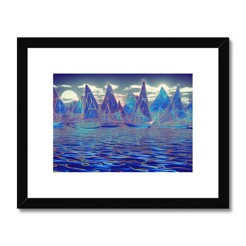 A long line of sail boats passing below a blue lake with a few boats on the