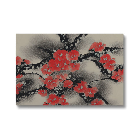 A white ceramic table with an art print of cherry blossoms on a white background.