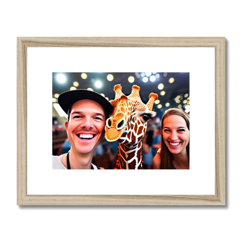 A stuffed giraffe poses in a photo on wooden framed picture frames.