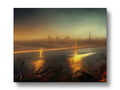 An art print of city skyscape with the sun setting in the distance.