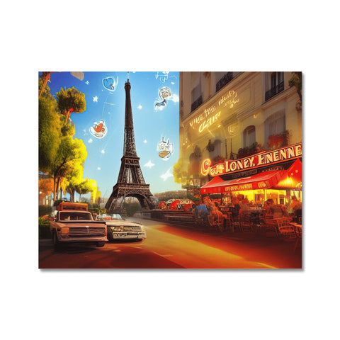 A place mat with a photo of the Eiffel Tower in the background on a