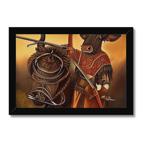 An animal posing with the paint of a sword in a wooden frame of an illustration.