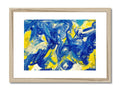 A framed art print hung on a piece of wood on a wall and painted in blue
