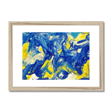 A framed art print hung on a piece of wood on a wall and painted in blue