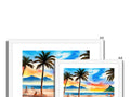 A set of four picture frames on a white wall with a tropical picture of palm trees