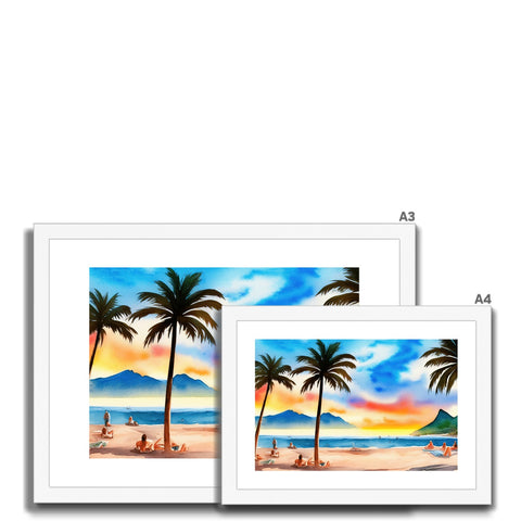 A set of four picture frames on a white wall with a tropical picture of palm trees