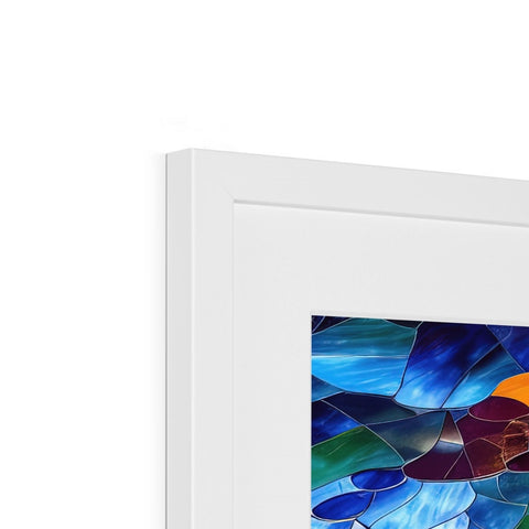 A white glass photo frame with colored prints on the glass wall.