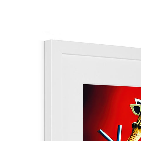 A red picture frame with red and blue pictures holding objects in it.