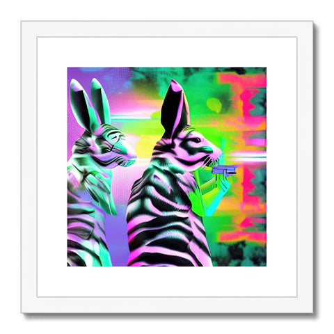Two zebras standing in the grass with two rabbits drinking from a bottle next to