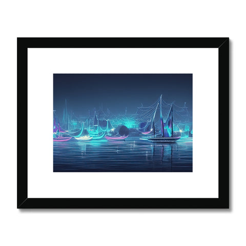 Four sailboats floating on sea on calm ocean with light blue grasses and sailboats