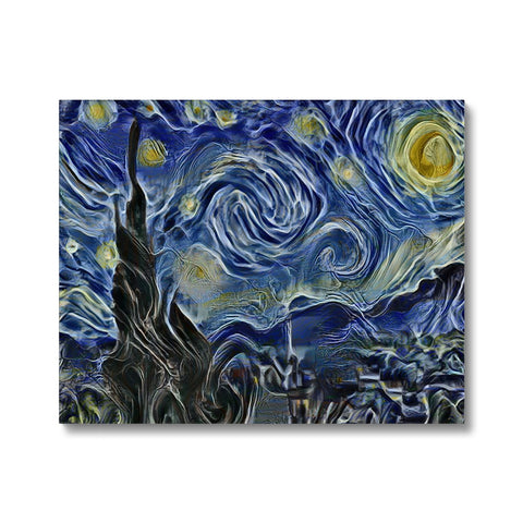 A painting of a night scene outside on a tile tile wall with starry night.