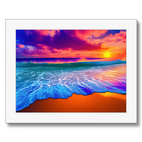 A sunbathed beach next to a beautiful ocean and a colorful piece of art print