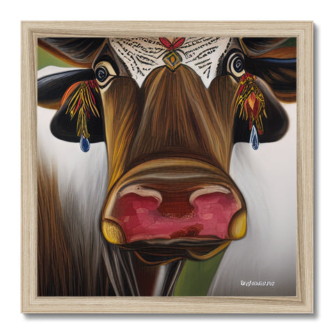 A picture of a cow with a ring of horns on it's nose.