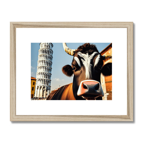 A cow standing in front of black and white framed pictures