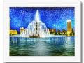 An art print on a fountain with a black and white view of Detroit and skyline skyline