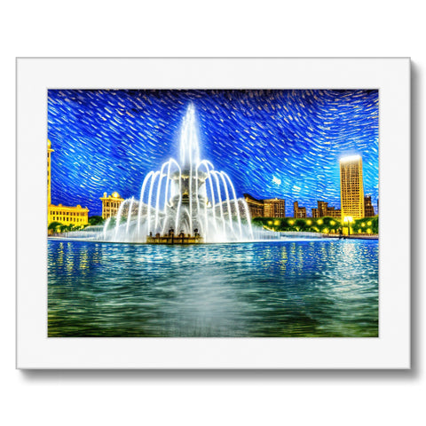 An art print on a fountain with a black and white view of Detroit and skyline skyline