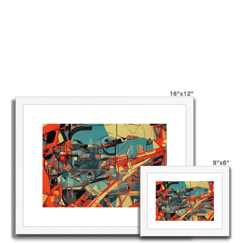 Three red art prints and a small photo frame framed for a stamp on a wall with