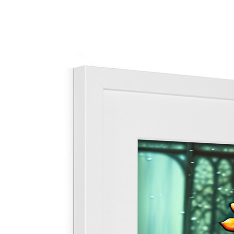 A picture frame hanging in a window on a wall with a digital computer display near a