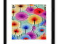 Art print under an umbrella with flowers inside and outside the folds of it.