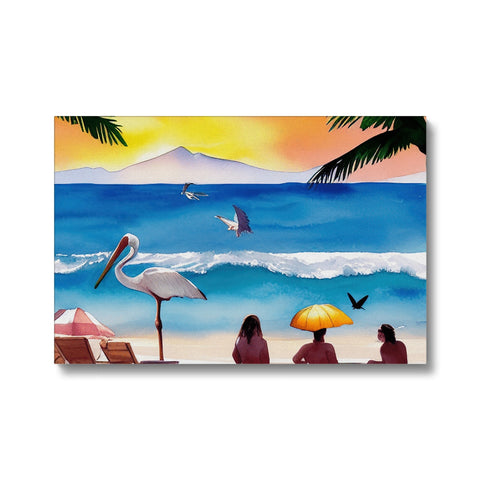 There is a picture of surfers sitting on a beach and bird at shore.