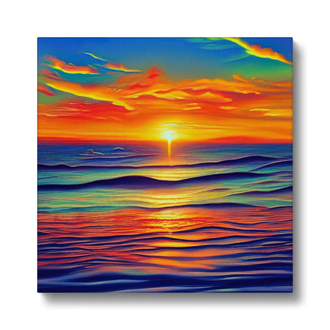Some artwork of a sunset in color on tile surrounded by a sea.