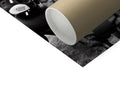 A white toilet roll with three toilet paper rolls and a black and white picture