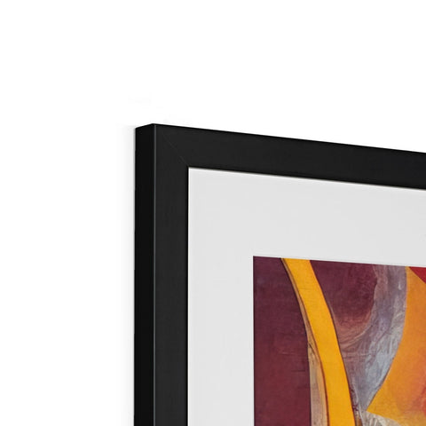 A picture frame containing a hanging picture of an abstract art piece.