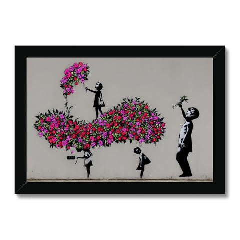 A floral and graffiti spray printed painting is hanging on a wooden wall.