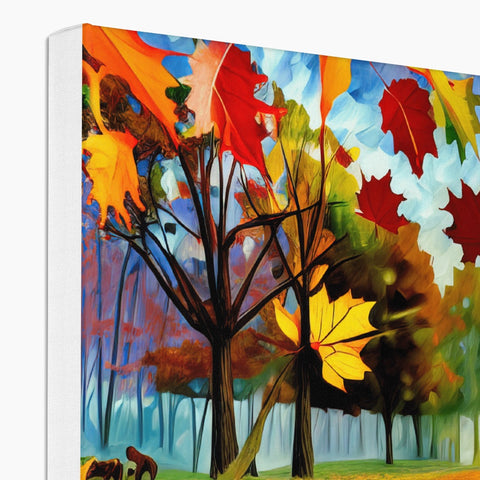 This painting shows a lot of bright colors  of fall leaves with one falling into the