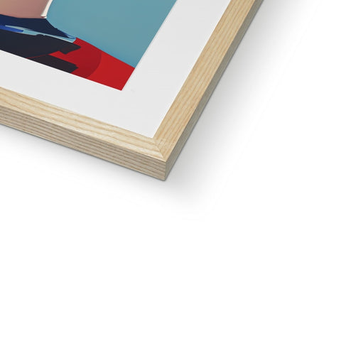 a framed photograph is on a blue piece of wood