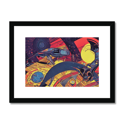 A small metal framed print with an image of a spacecraft flying by.