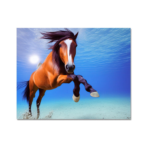 a horse standing in the water with an art print behind itPosted by