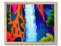 A photo of a waterfalls with several colorful waterfalls in a picture frame.