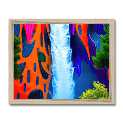A photo of a waterfalls with several colorful waterfalls in a picture frame.