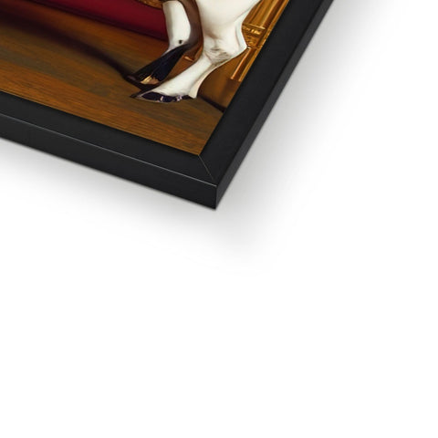 A picture of a brown white dog in the frame of a picture frame.