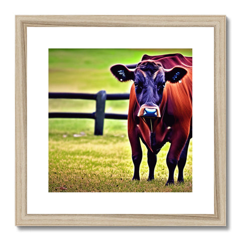 A small brown cow sitting in an old wooden picture frame next to another cow.