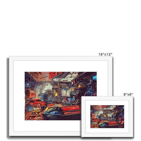 A bunch of framed images of vehicles in a small room that have the word "cars