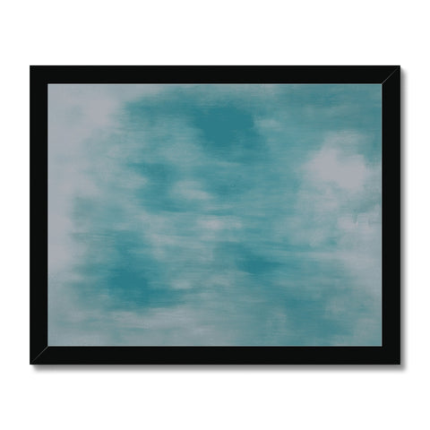 A painting that is on a large gray background with clouds floating in the clouds.
