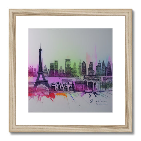 A silver framed art print of a city skyline behind a tall tower of the French city