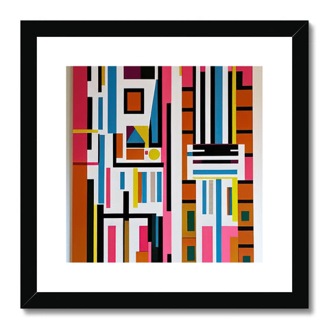A framed art print showing a piece of design in a colorful pattern.