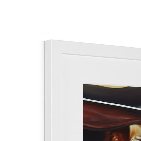 A picture frame with artwork sitting on top of a white backdrop.