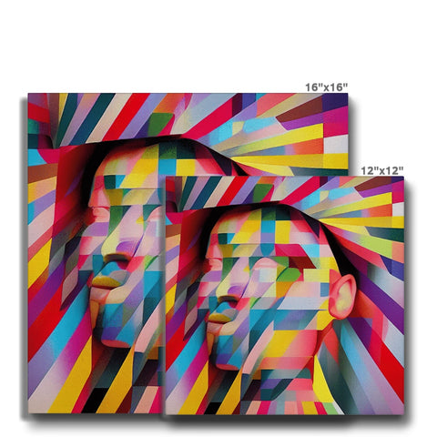 Two print covers on a colorful canvas and a double side portrait of a picture.