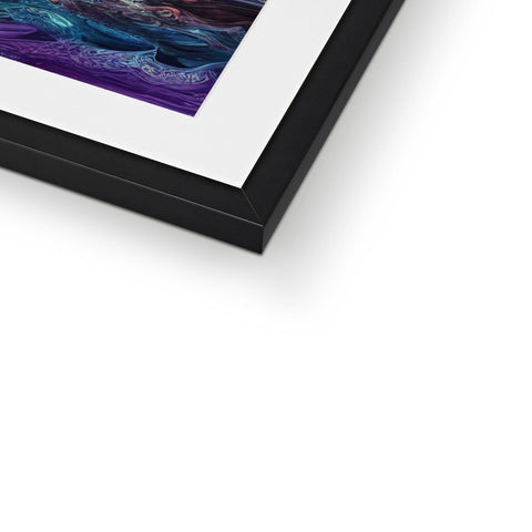 A picture framed in purple and blue artwork is displayed in two different frames.