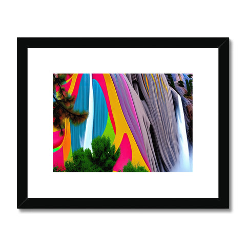 A colorful wall hanging that has an abstract art print framed in a black and white frame
