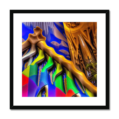 An abstract painting is framed in gold metal that has many colorful images on it.