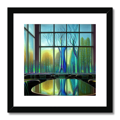 A wooden framed print next to blue and purple water with a reflection off a window.