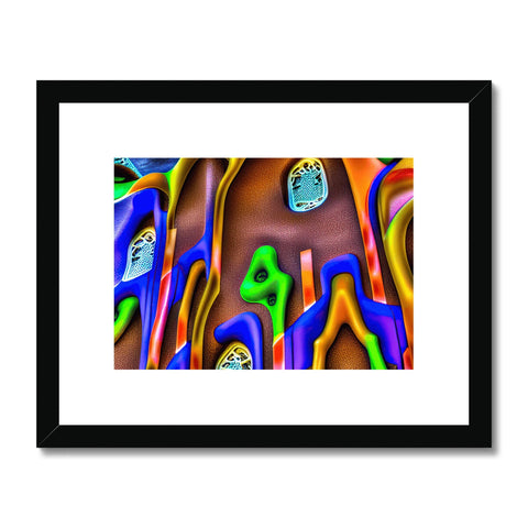 An abstract picture in a wooden frame on top of a pedestal with an art print