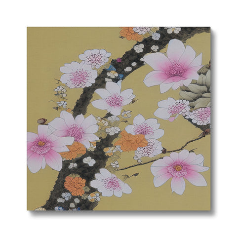 An art print on colorful ceramic tiles with flowers on top.