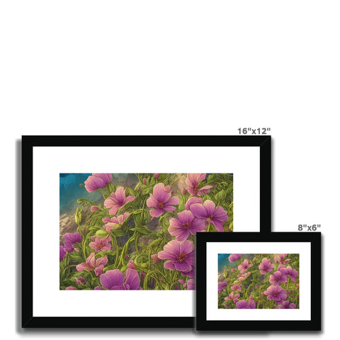 A picture of purple flowers in a photograph frame.