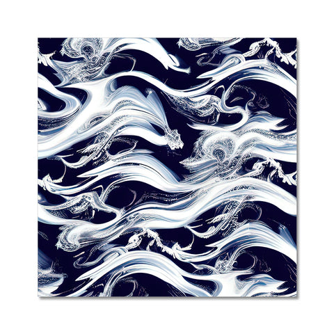 A glass mosaic art print of waves on a white tile floor.